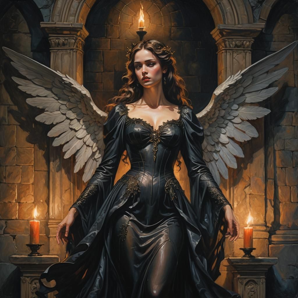 A temptress angel stands in a candlelit room, her gown cling...