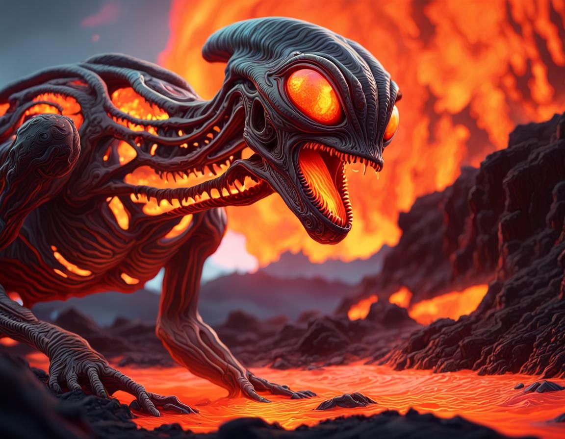 Alien Creatures Thriving in Lava Streams: Digital Matte Pain...
