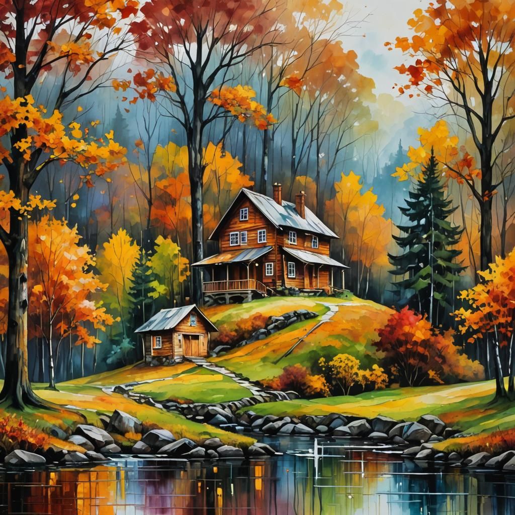 Autumn Cottage Landscape in Impressionist Style