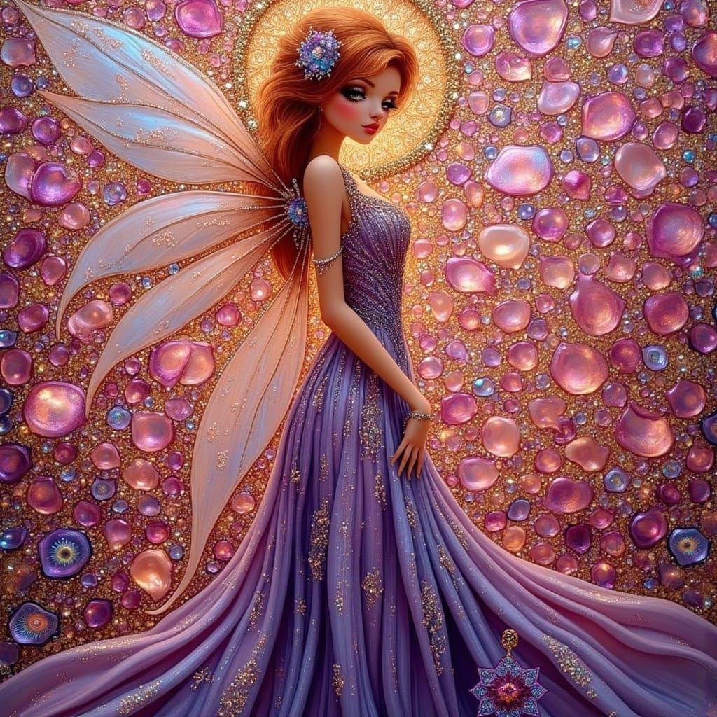 Ginger Fairy in Iridescent Gown Amidst Glass Mosaic in Golde...