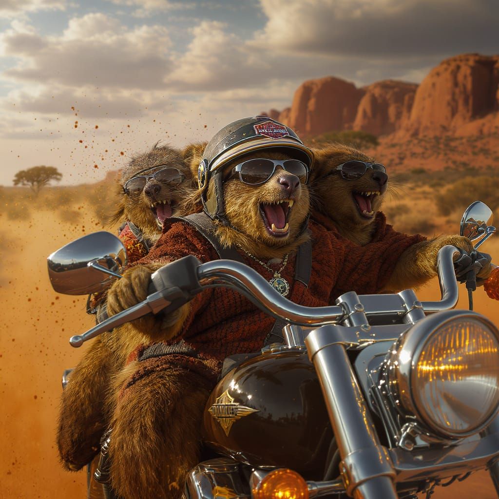 Quokka Bikers in the Outback: Hyperrealistic Art
