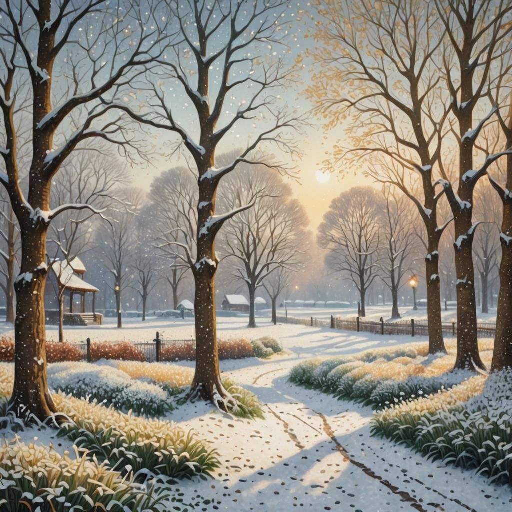 Winter Landscape in Pointillist Style, Gentle Morning Scene