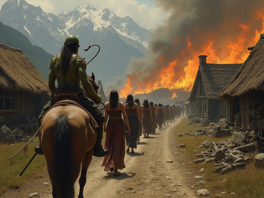 Burning Medieval Village with Goblin Horde, in Dark Fantasy ...