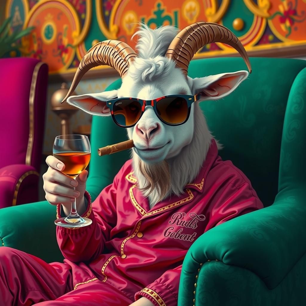 Glamorous Goat Smoking Cigar in Armchair