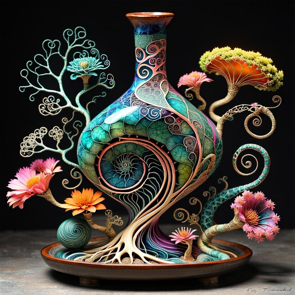 Intricate Rooted Ikebana Flask with Botanical Diagrams