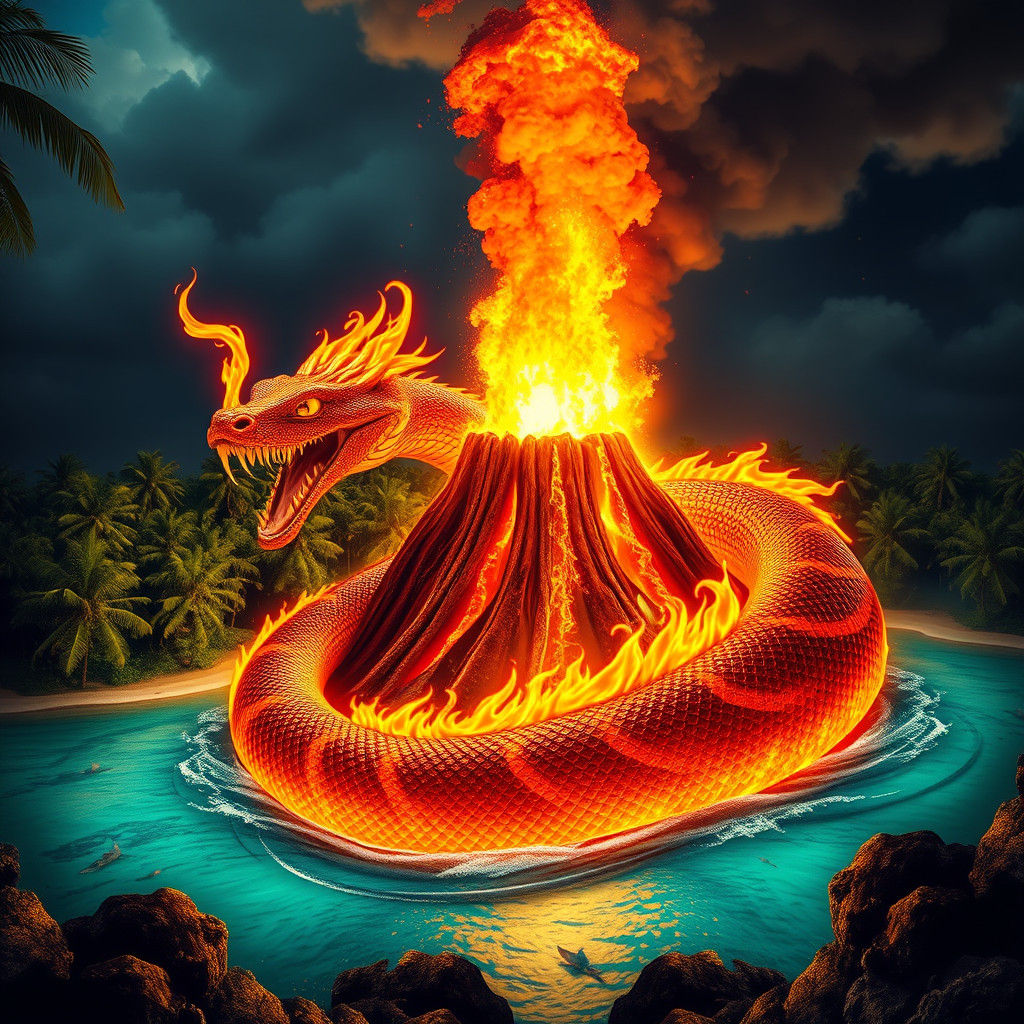 Majestic Fire Serpent Envelops Exploding Volcano