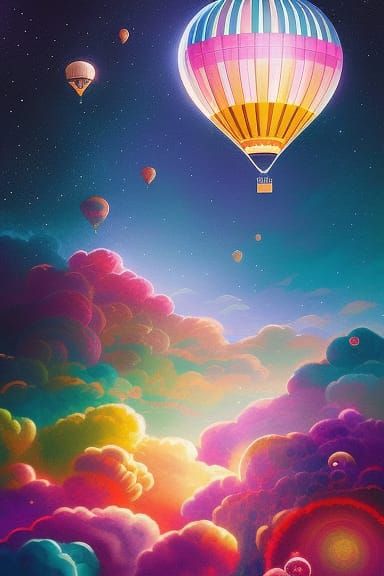 Hot Air Balloon in Space with Glowing Crystals