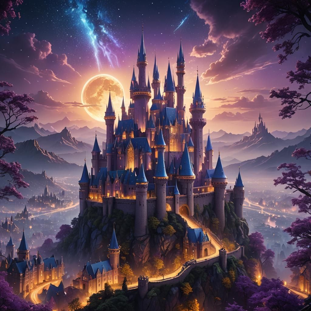 Futuristic Cityscape with Castle in Fantasy Art Style