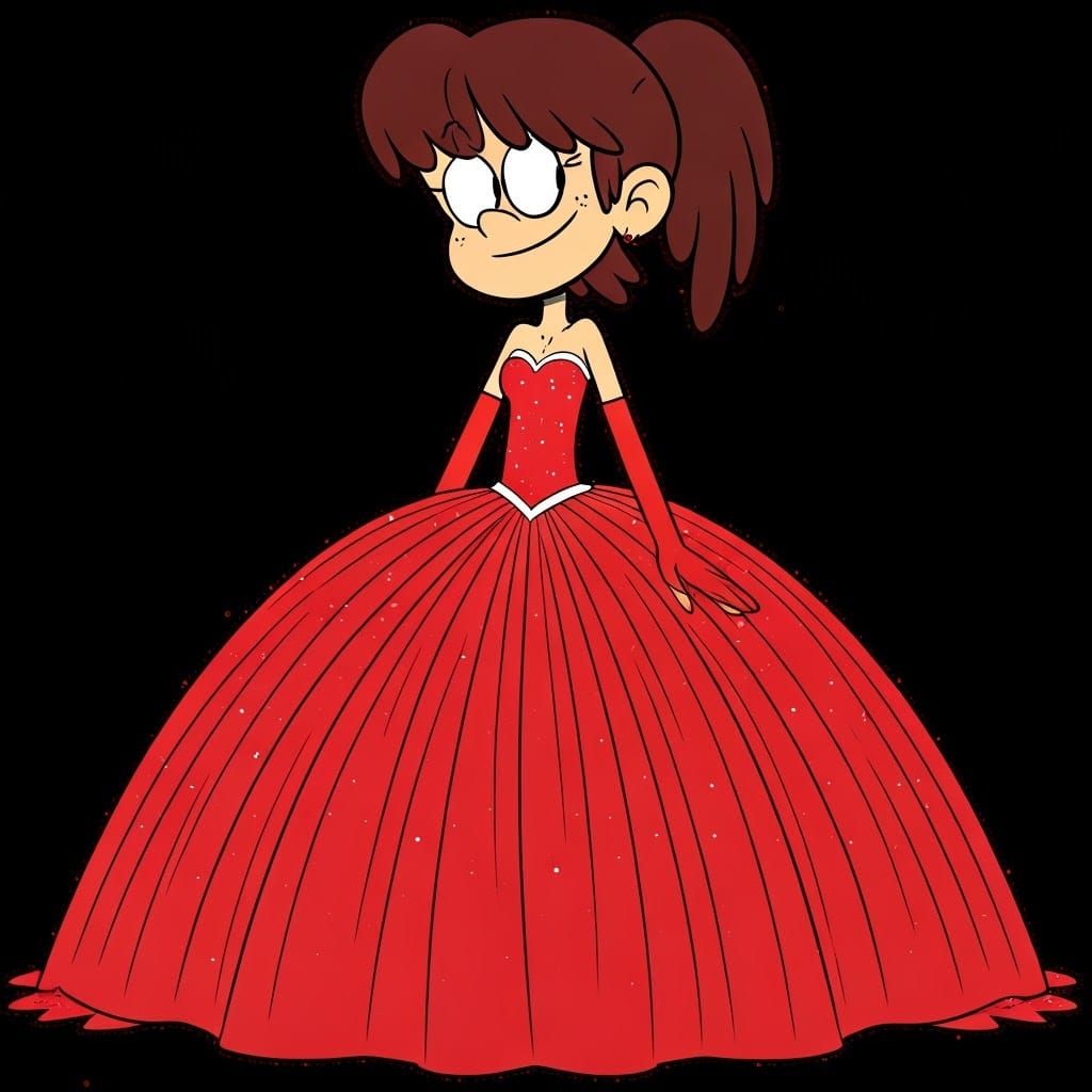 The Loud House Cartoon Style: 12 year old skinny Lynn Loud with black hair wearing a long large wide floor length red tu...