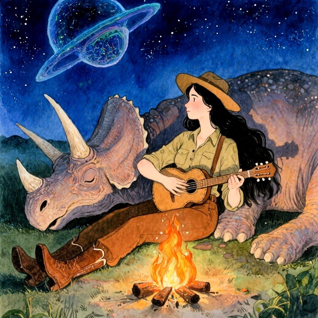 Woman Serenades Triceratops with Banjo, Watercolor