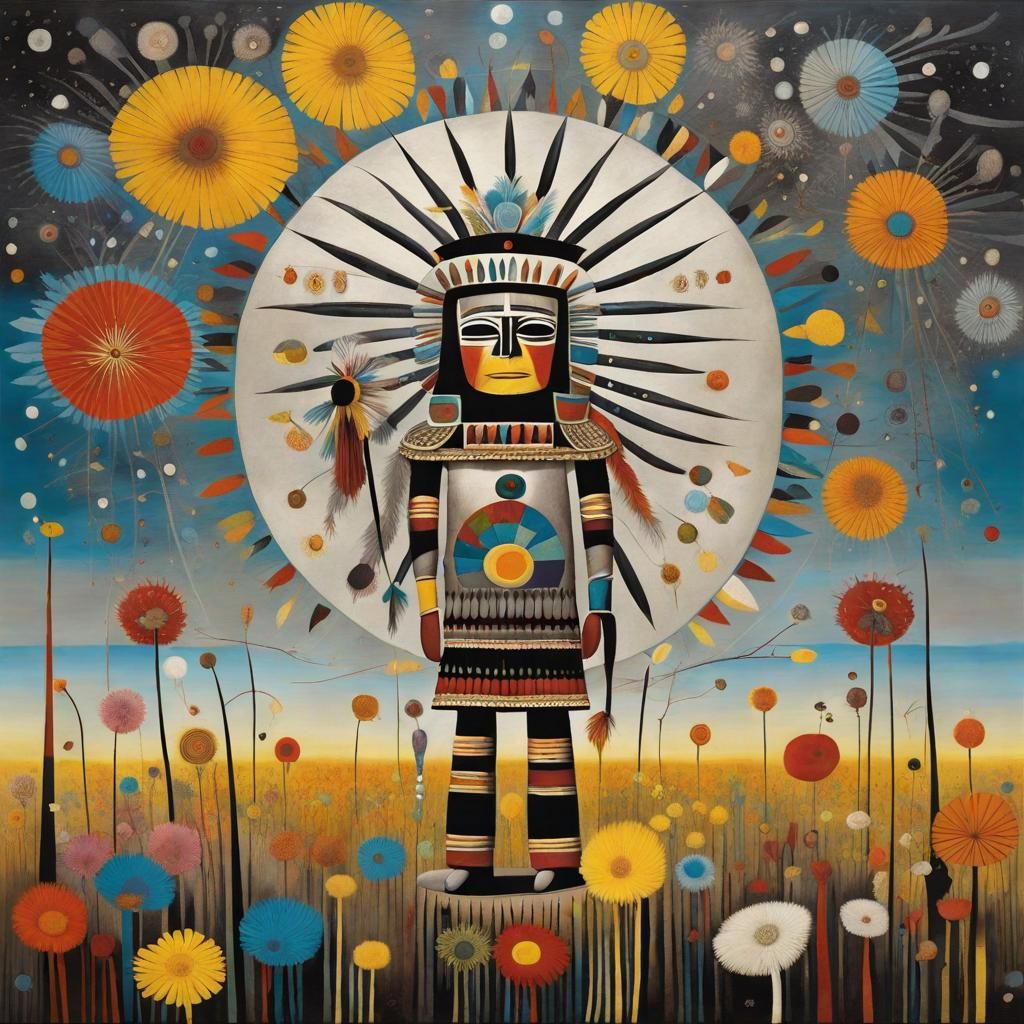 Native American kachina   in a Million Dandelion dreamscape,  making wishes , Salvador Dali collaboration Paul Klee and ...