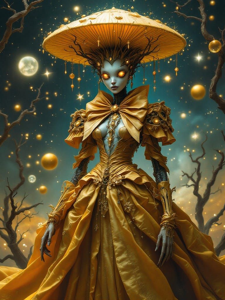 Surreal Figure in Golden Gown with Mushroom Headdress
