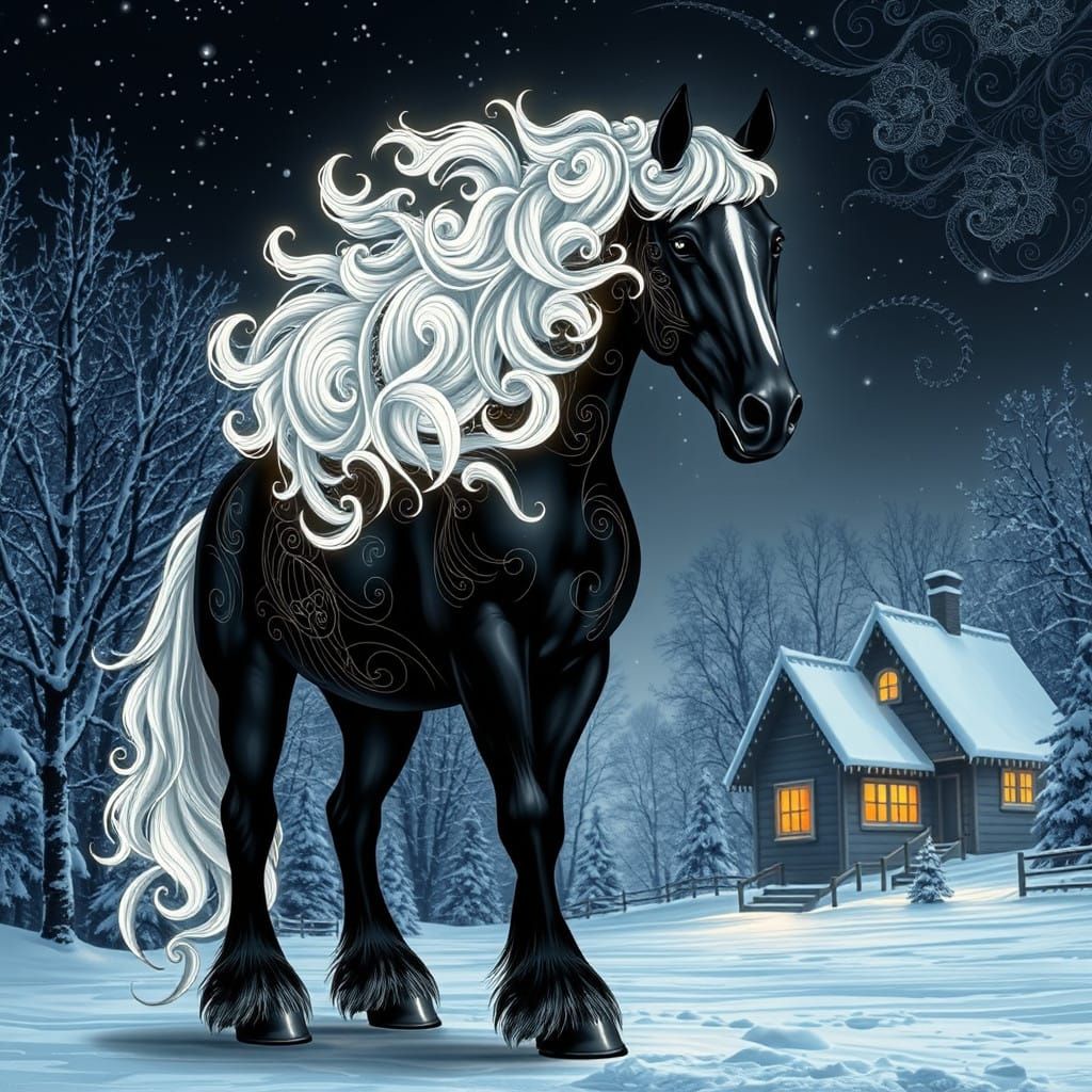 Majestic Black Clydesdale Horse in Winter Wonderland Scene