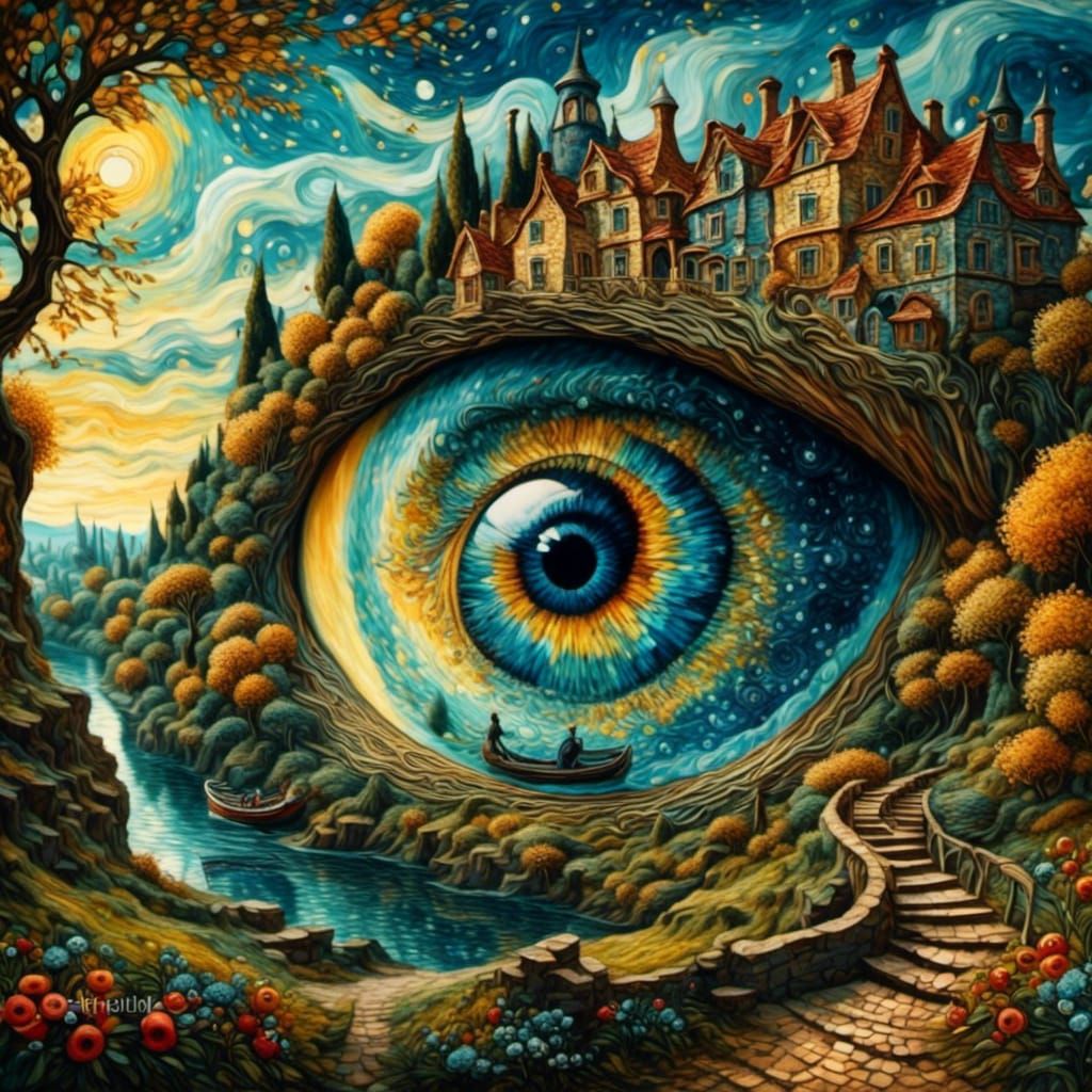 Surreal Eye with Landscape in Van Gogh Style
