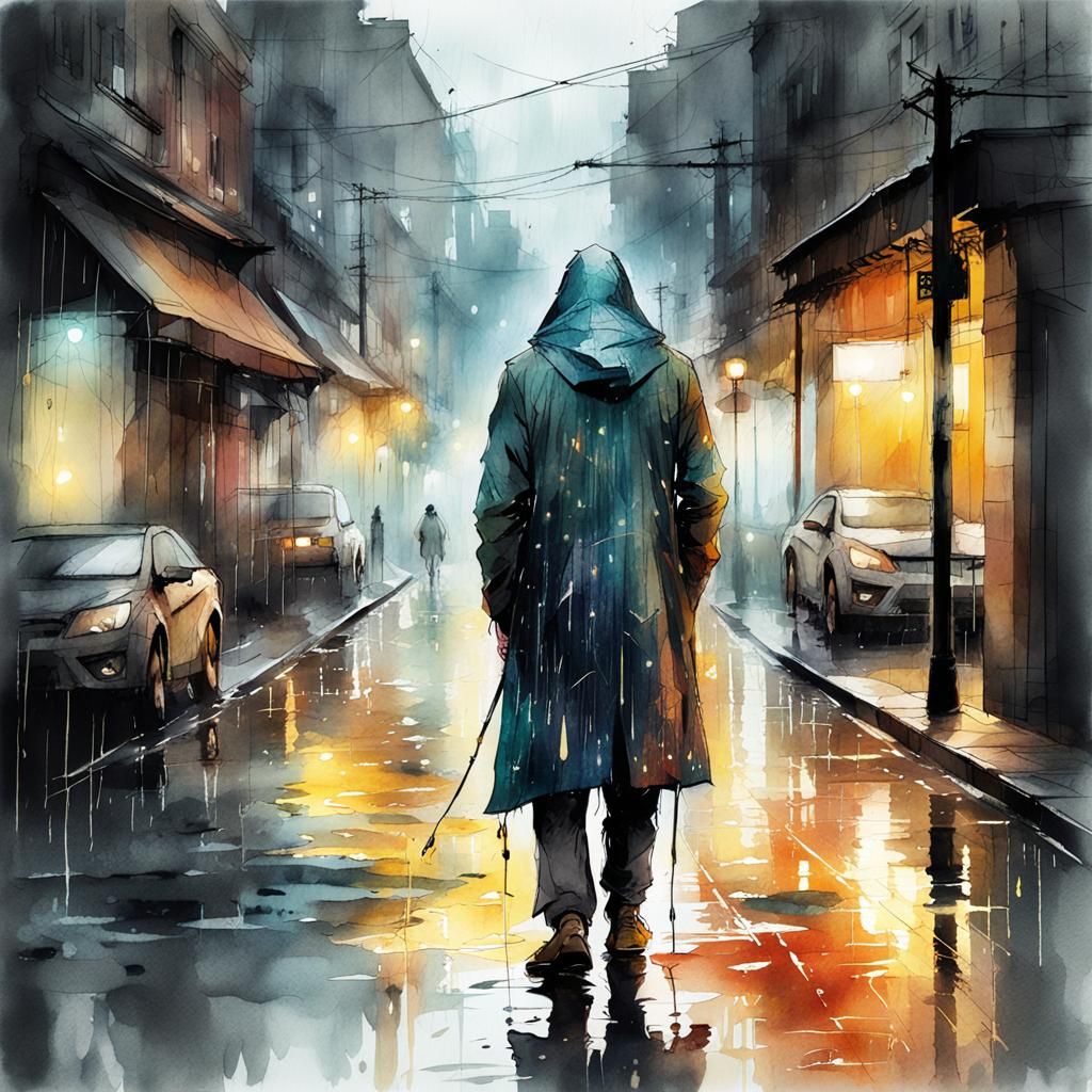 Sad Man in Rainy Street: Watercolor Illustration