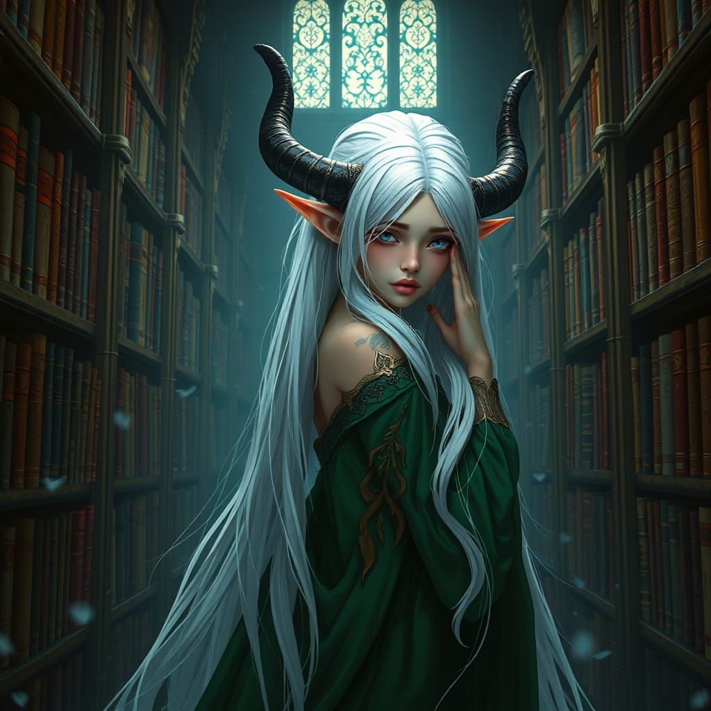 Crying Elf in Library: Fantasy Concept Art