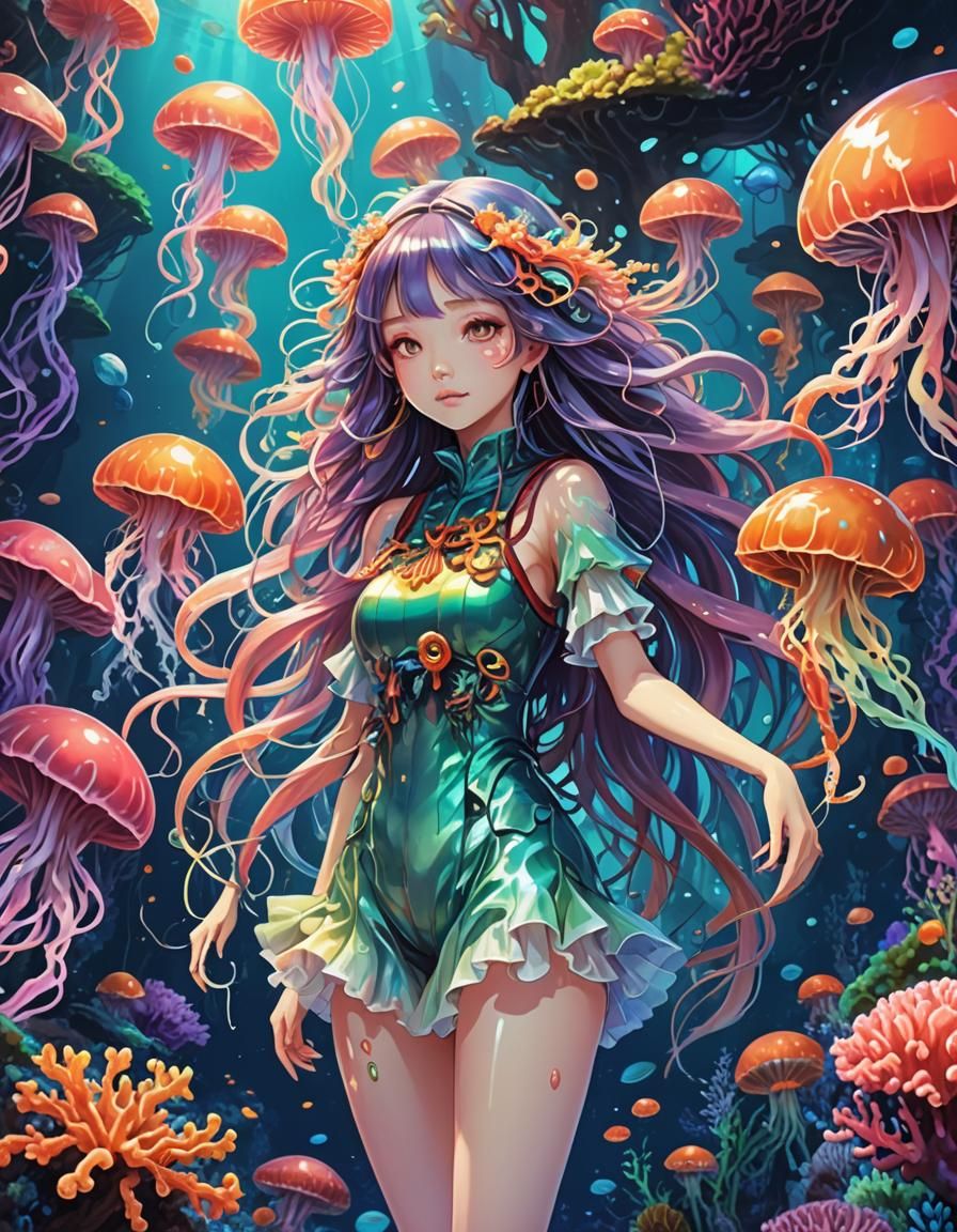 Iridescent Jellyfish Girl in Underwater Anime Style