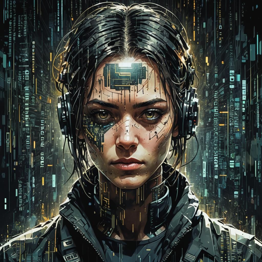 Cyberpunk Hacker Glitch Art Portrait in Matrix Style