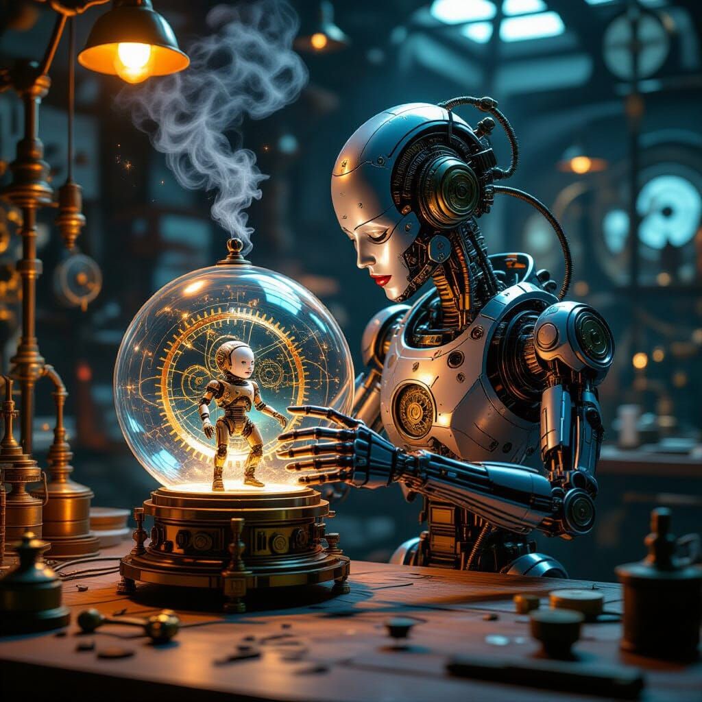 Steampunk Automaton Crafts Mini Cyborg in Glass Sphere