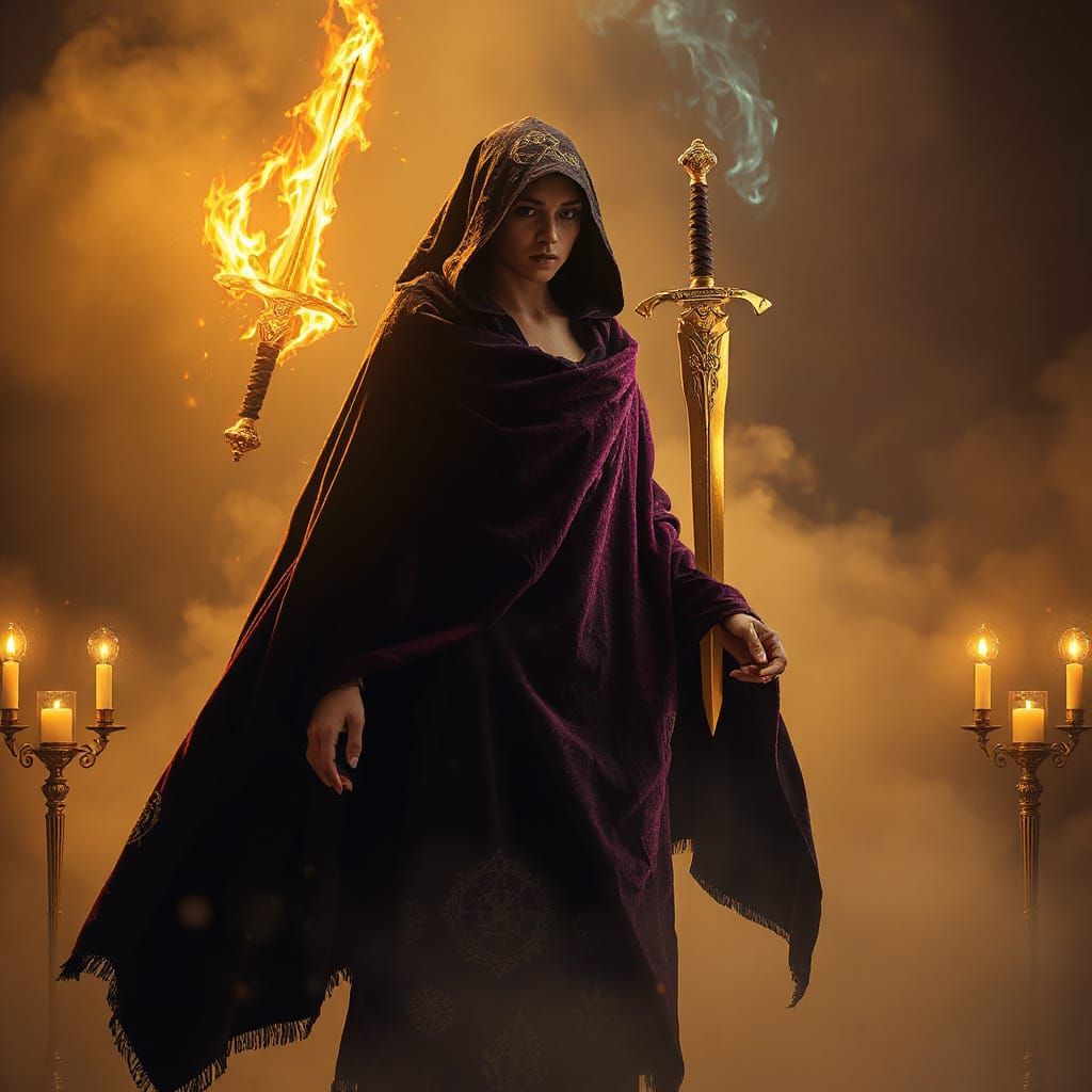 Alchemist Contemplates Levitating Swords in Mysterious Atmos...