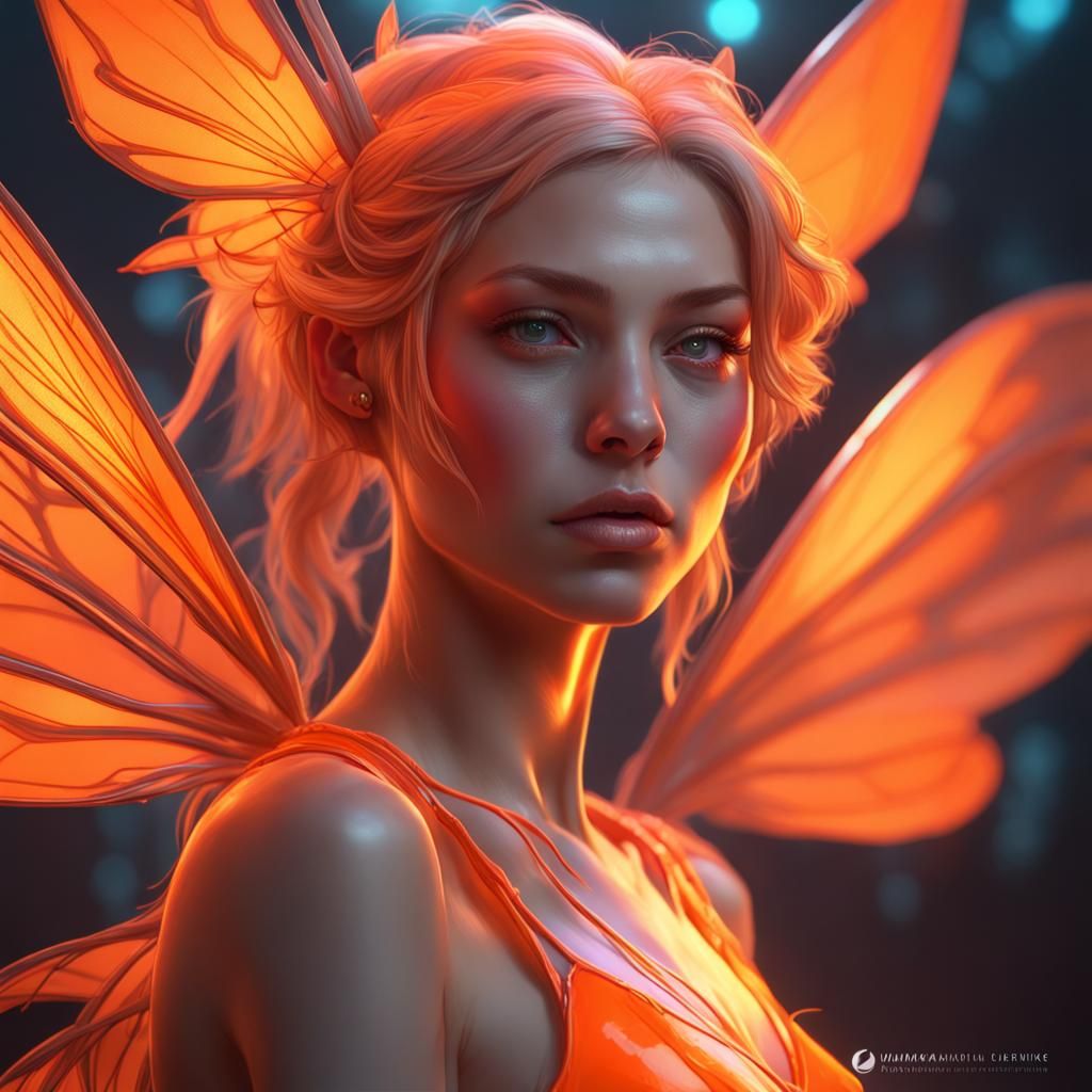 Neon Orange Fairy Portrait in Hyperdetailed Splash Art