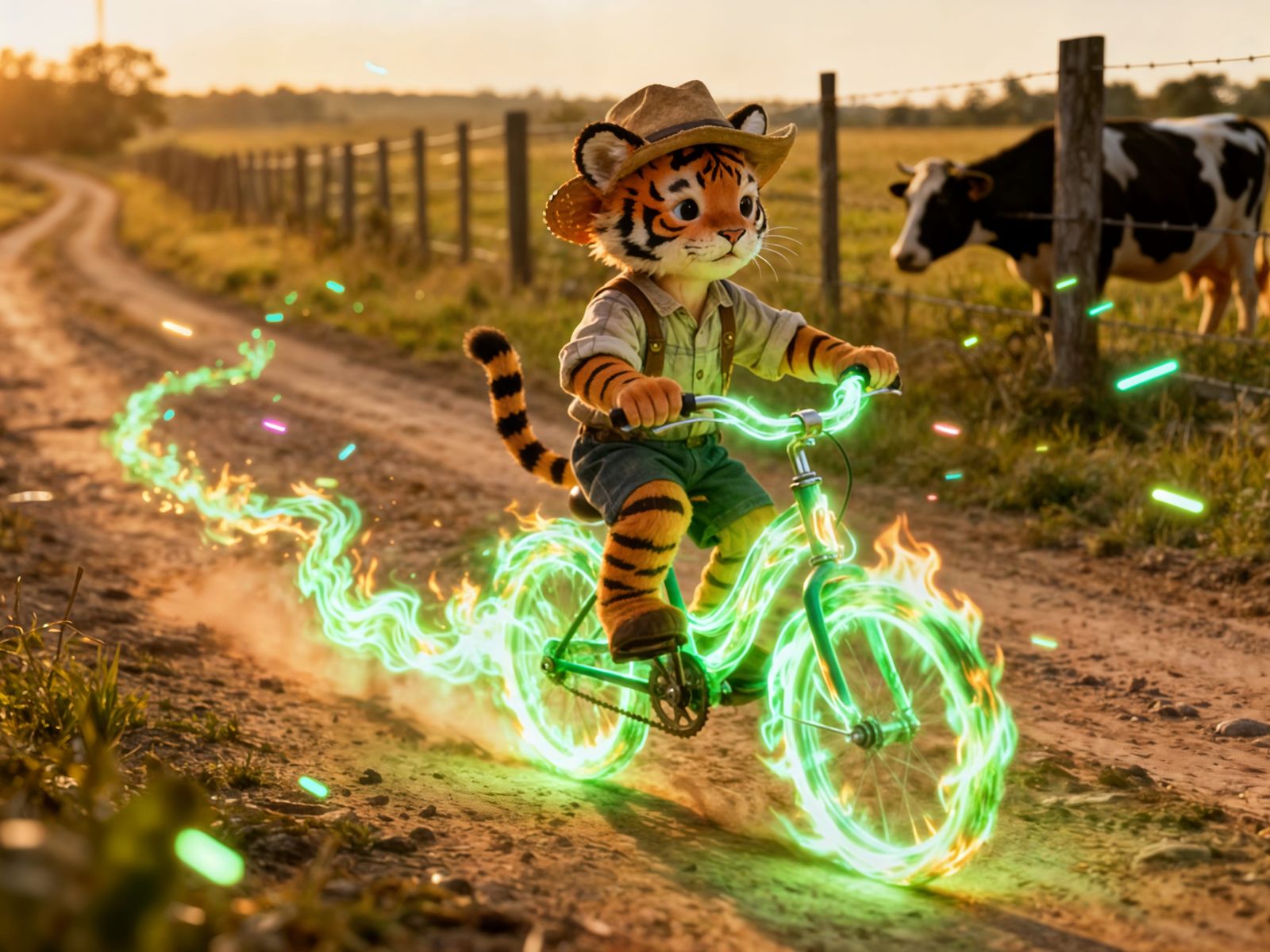 Cute Kid Rides Magical Energy Bicycle on Country Road