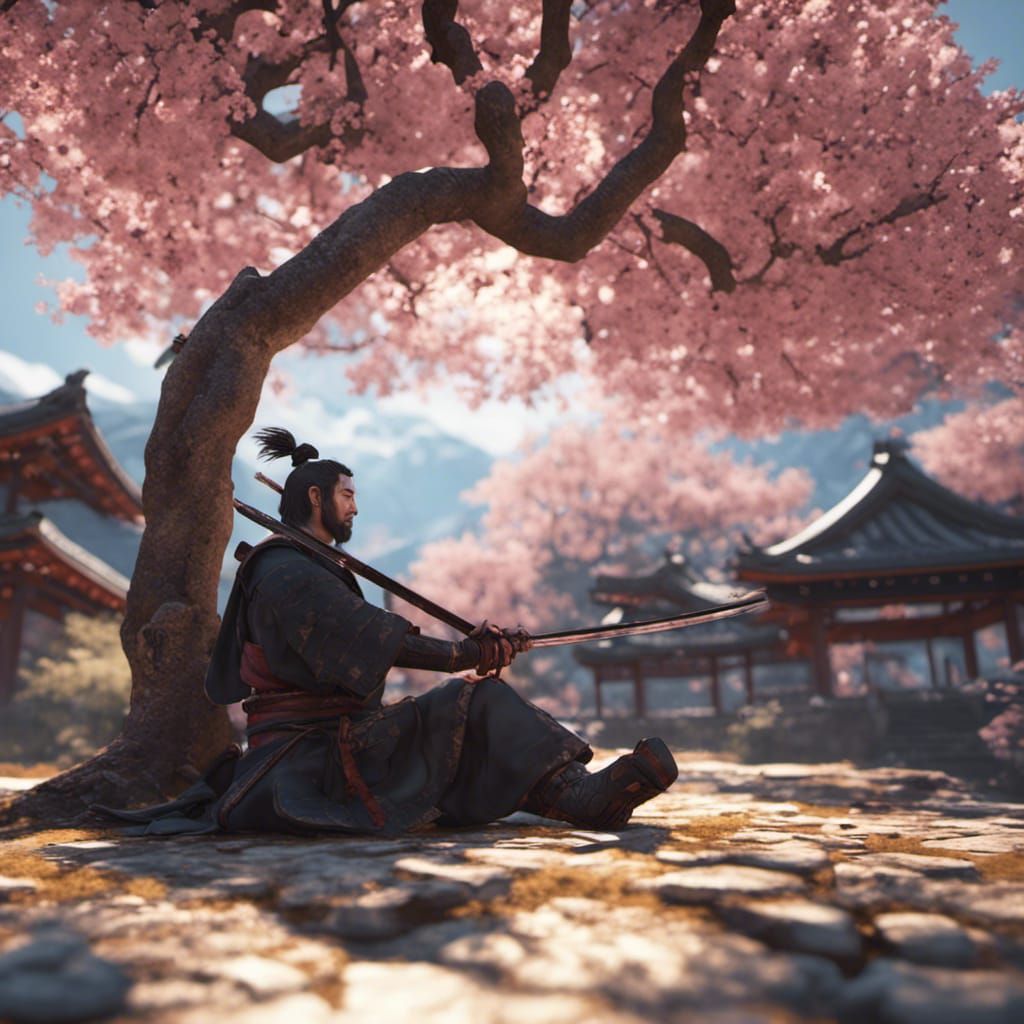 Samurai Resting Under Cherry Tree: 3D Game Art