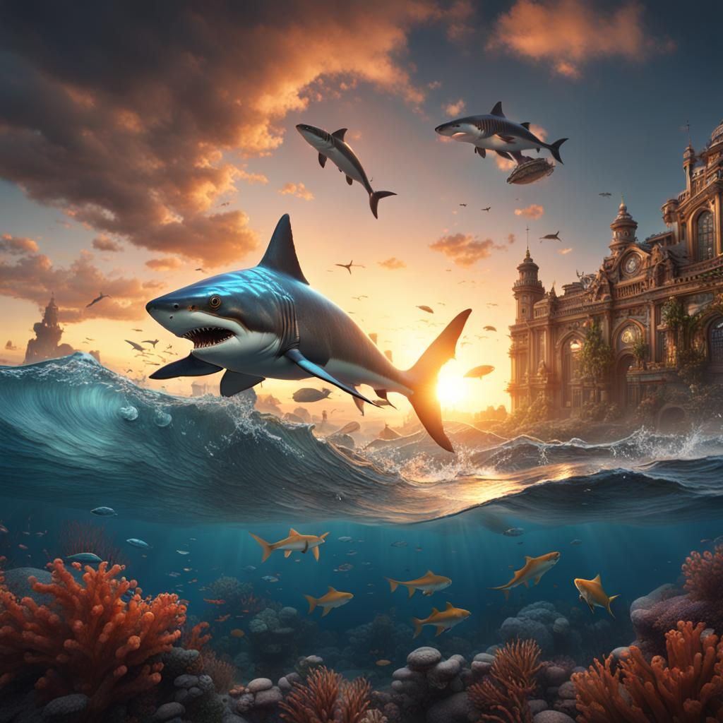 Fish Eats Shark: Detailed Fantasy Sunset Art