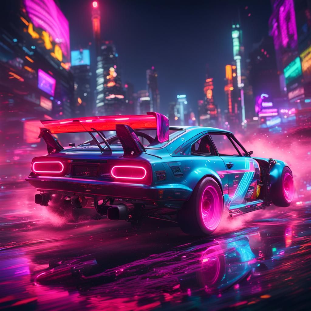 Neon Drifting Car in Detailed Matte Painting Style