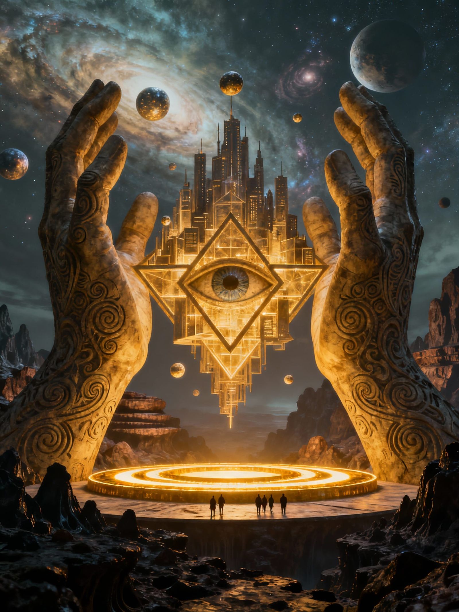 Giant Carved Hands Hold Luminous City Under Cosmic Sky