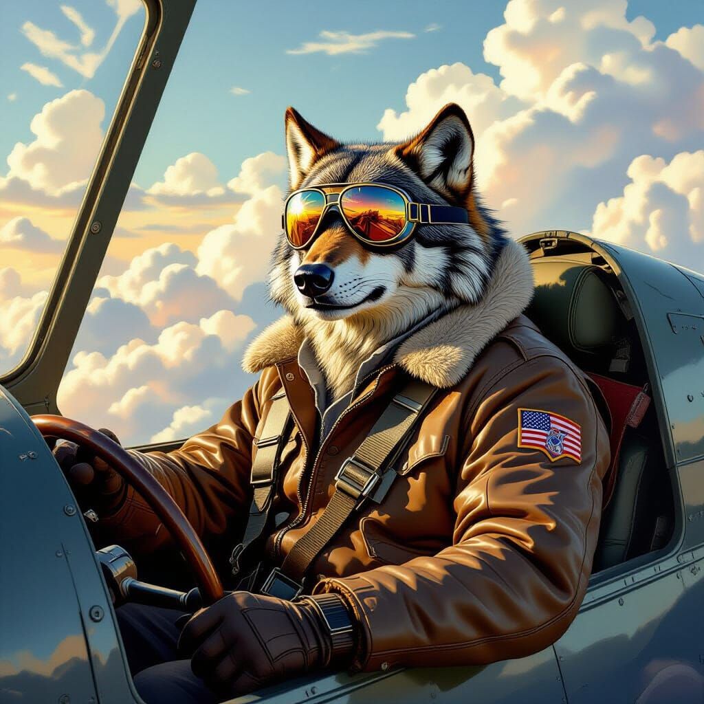 Wolf Pilot in Fighter Plane, Rockwell-esque Style