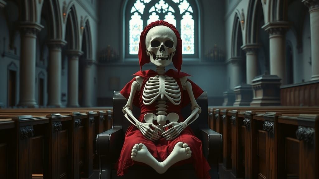 The background is a gothic Catholic church with wooden pews....