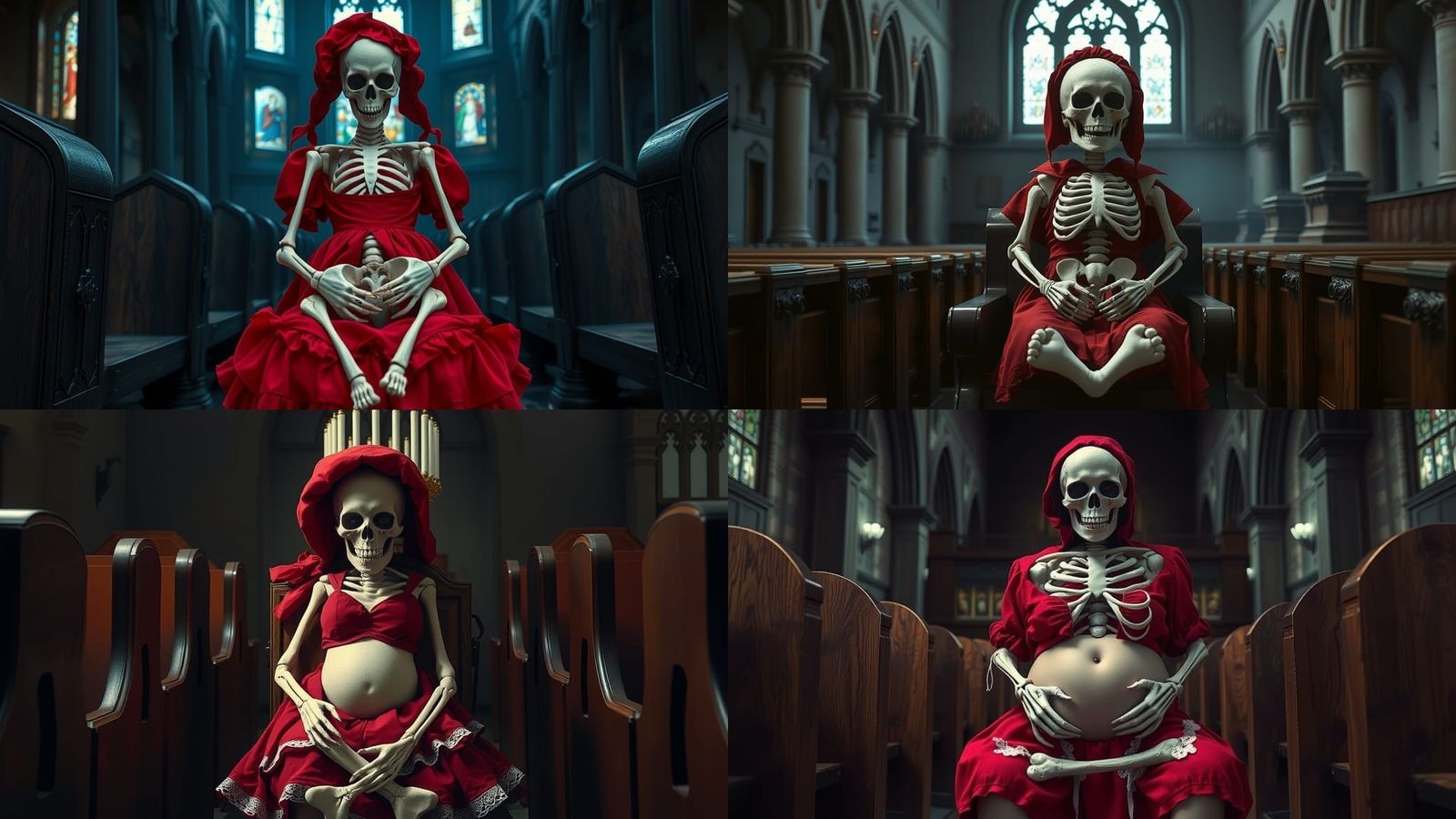 The background is a gothic Catholic church with wooden pews....