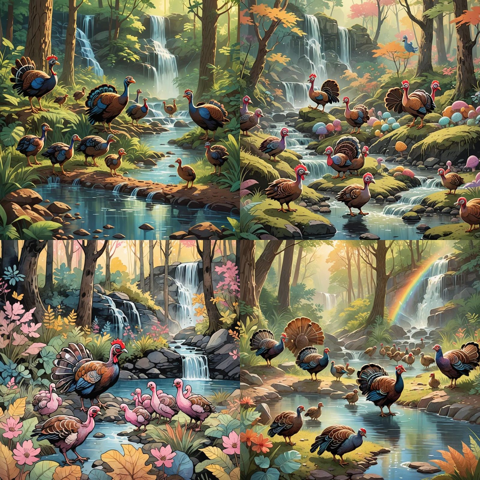 Cartoon Baby Turkeys Wander by Waterfall