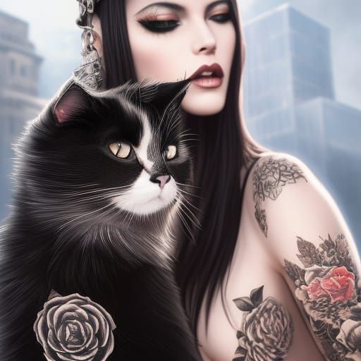 Gothic Tattooed Woman with Giant Cat: Digital Illustration