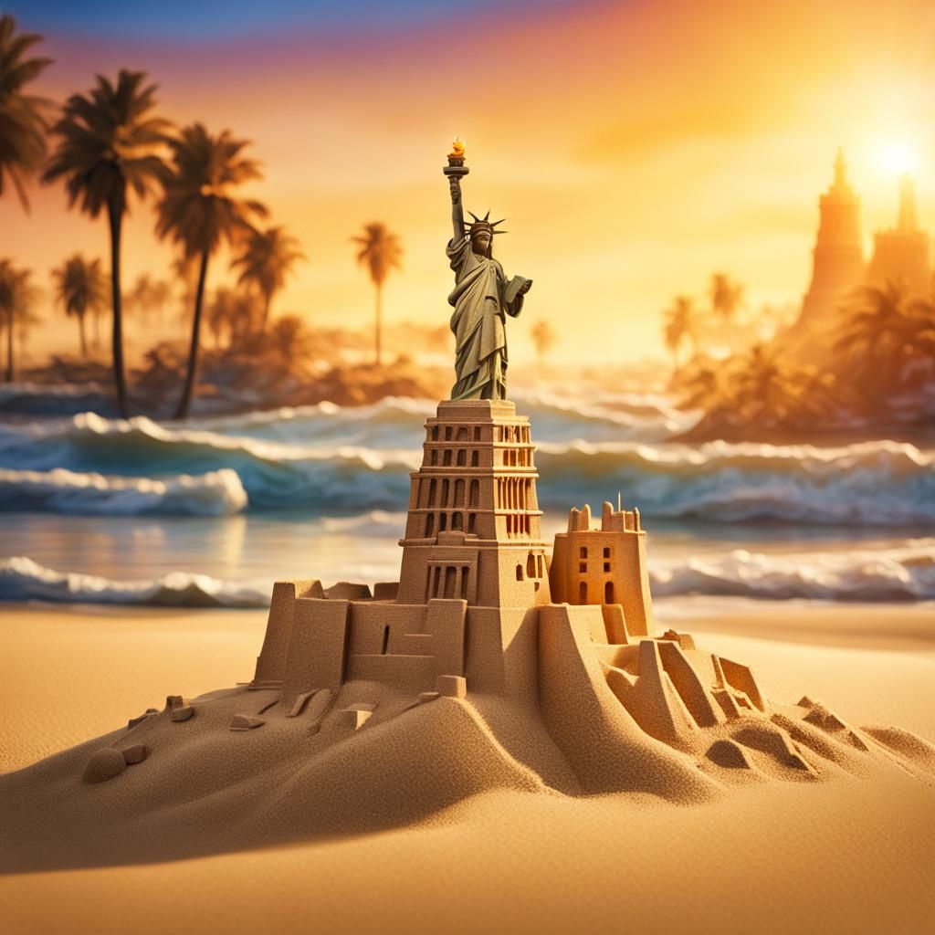 Sand Statue of Liberty on Sunny Beach