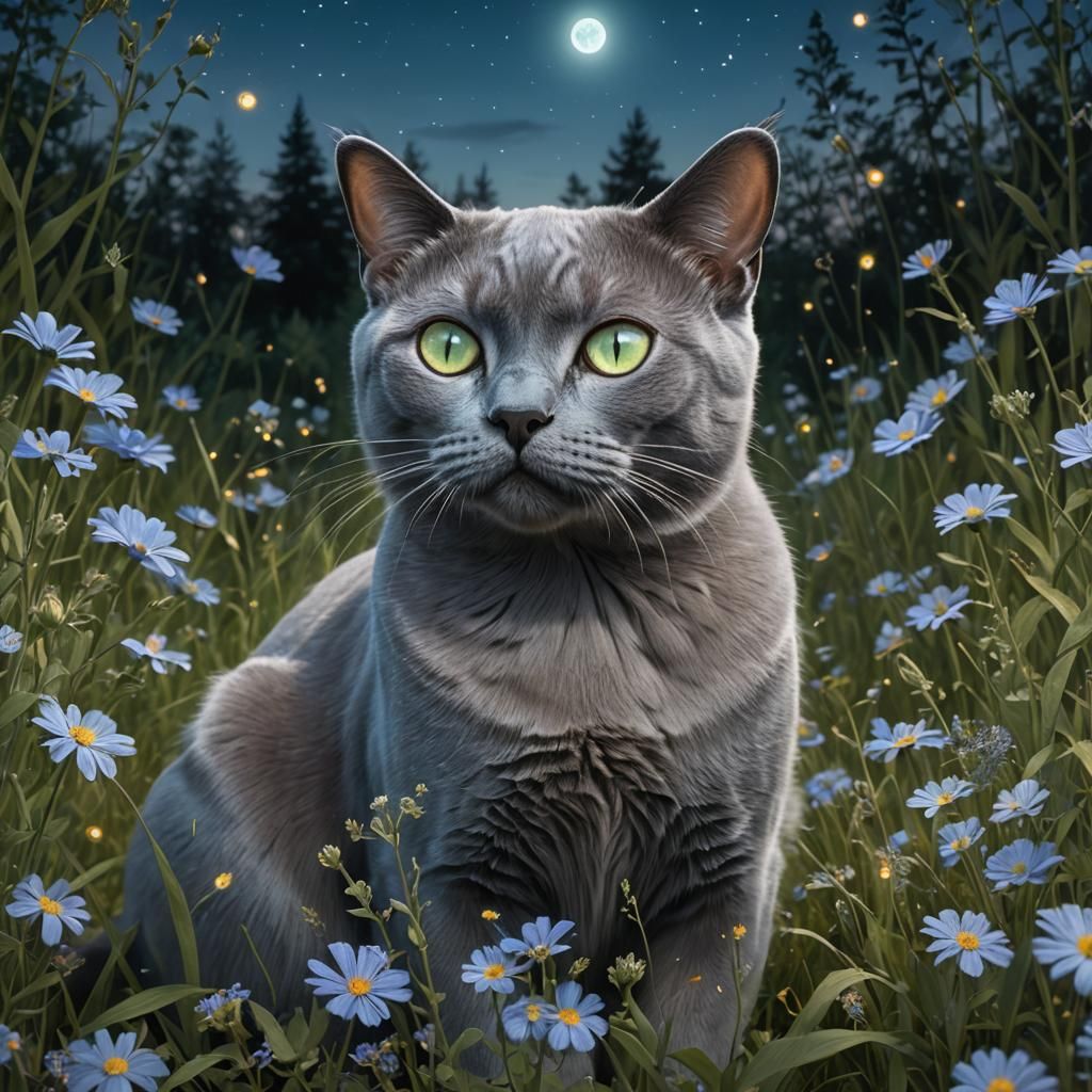 Blue Burmese Cat in Wildflower Meadow at Night
