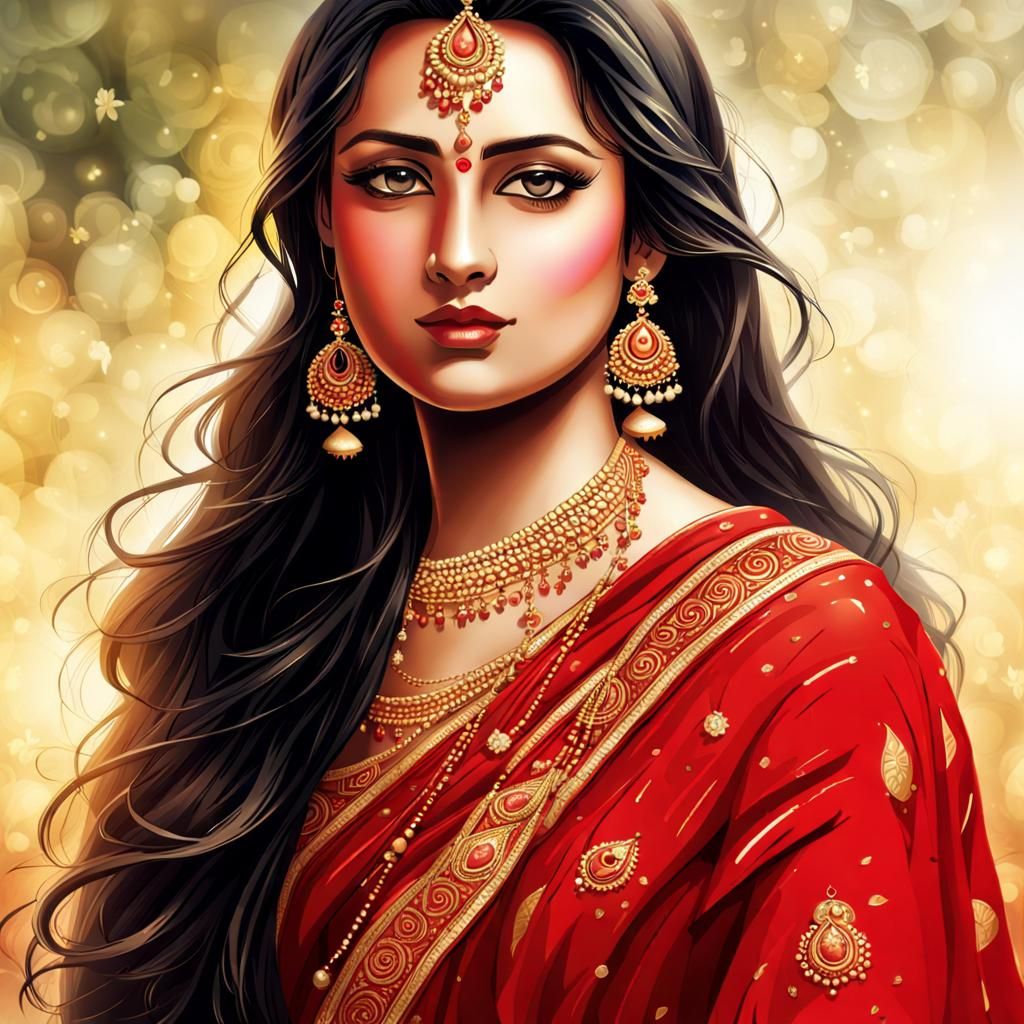 Woman in Red Saree, Hyperdetailed Digital Portrait
