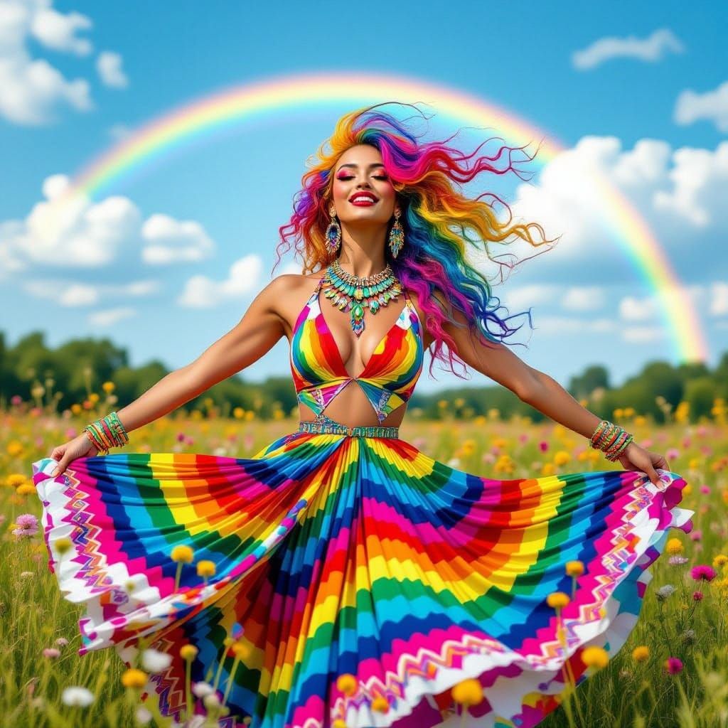 Vibrant Enchantress Dances with Rainbow-Hued Elegance