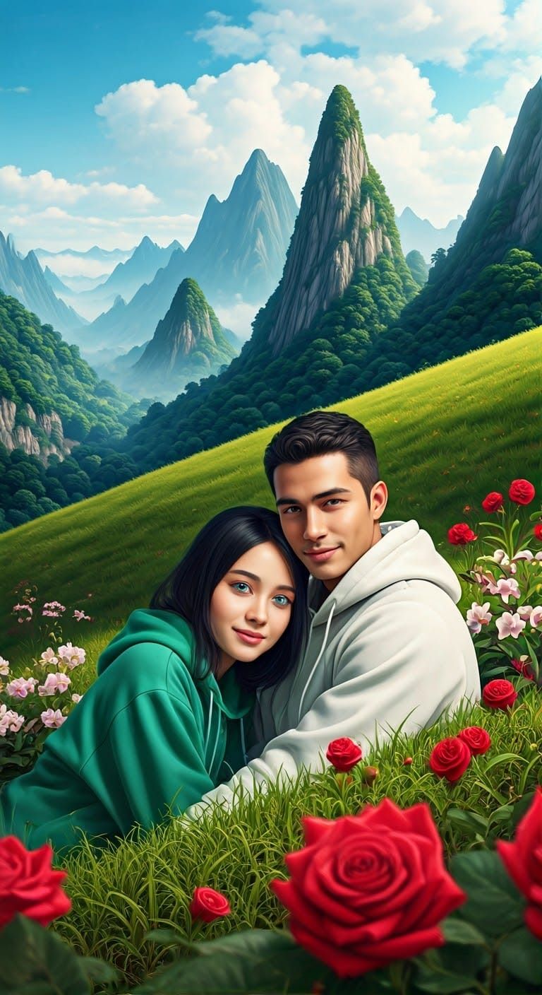 Couple on Emerald Hill in Hyper-Realistic Style