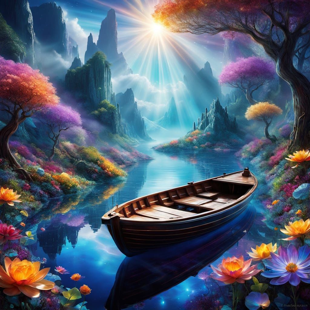 Ethereal Glass Wonderland Boat in a Surreal Dreamscape