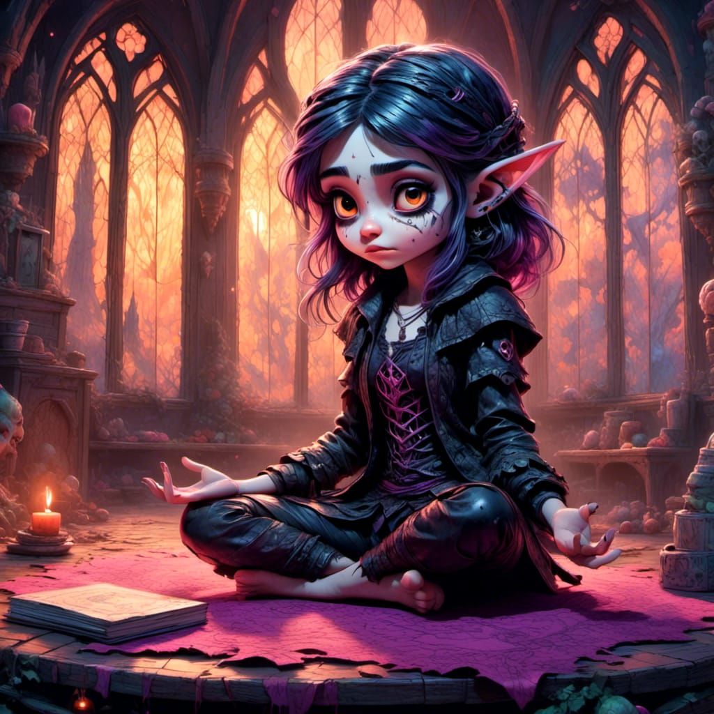 Cute Goth Elf Does Yoga: 3D Digital Art