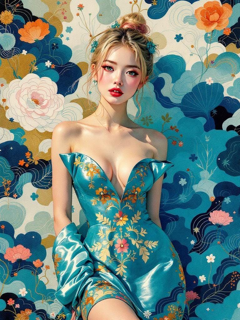 Pin-Up Woman in Metallic Dress with Folk Art Style