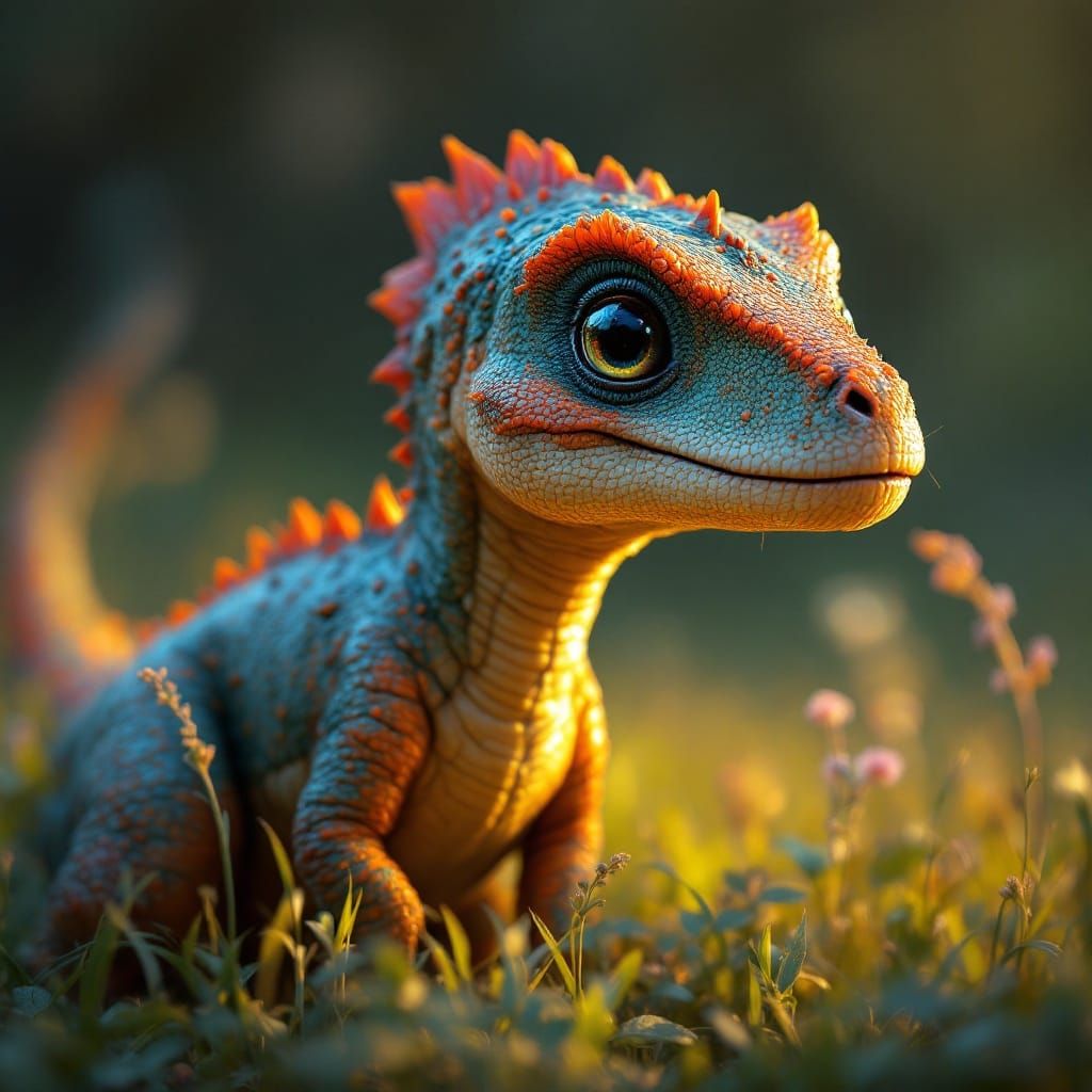 Cute Baby Dinosaur Portrait in Grassy Field