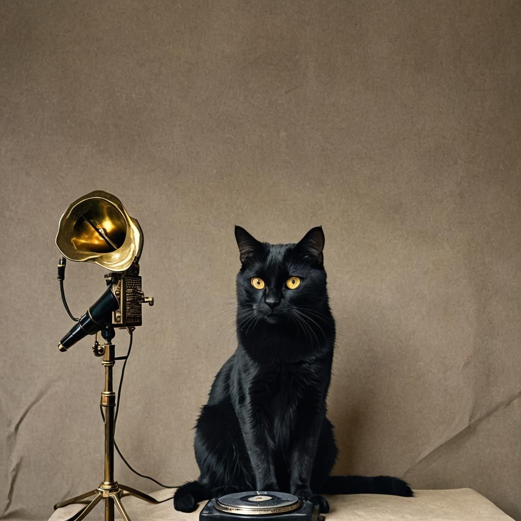 Vintage Black Cat Listening to Gramophone