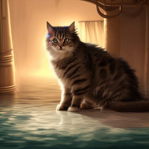 Fluffy Cat Corsair in Flooded Kitchen