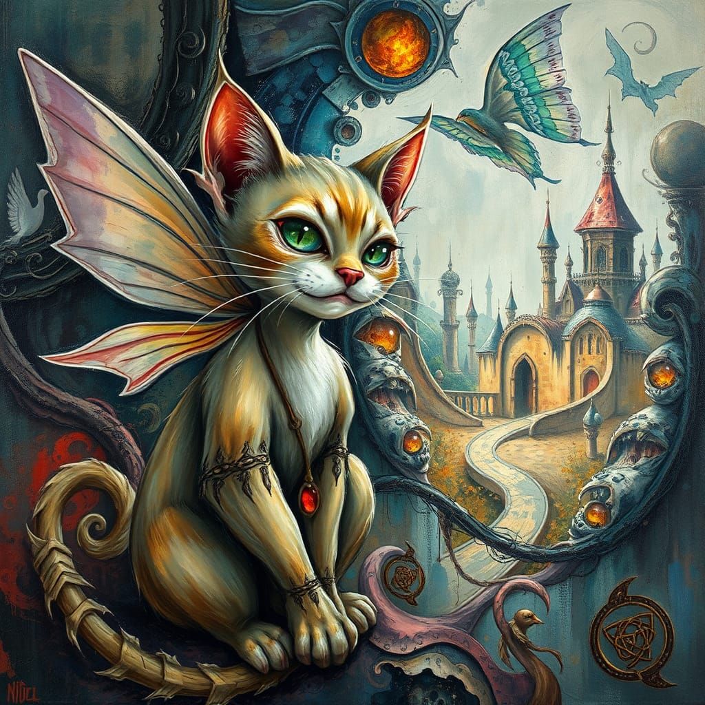 Whimsical Cat Fairy Elf in Impasto Style