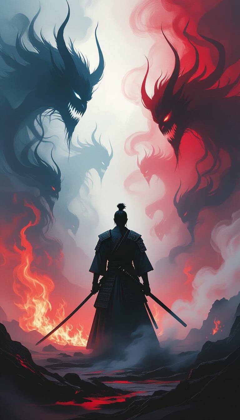 Samurai in Surreal Conflict with Demonic Forms
