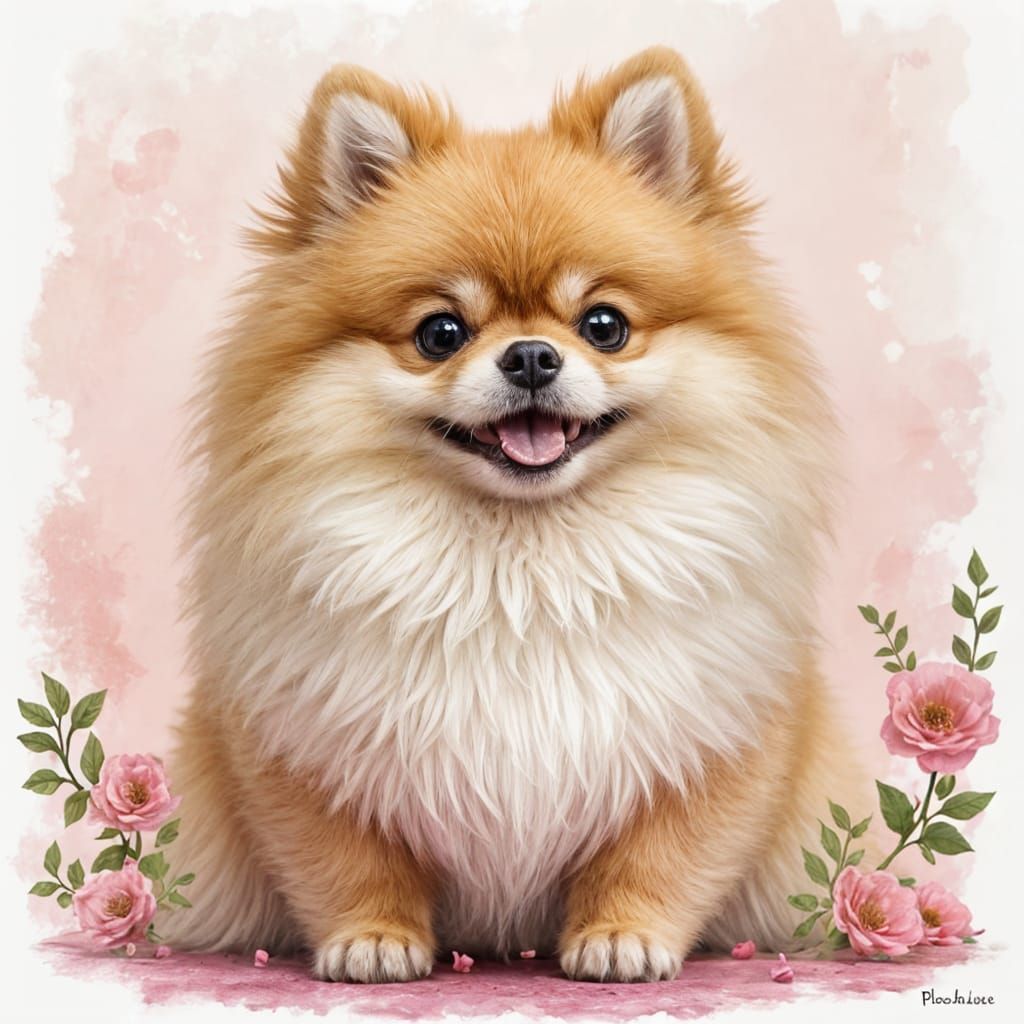 Cute Pomeranian in Pastel Shabby Chic Background
