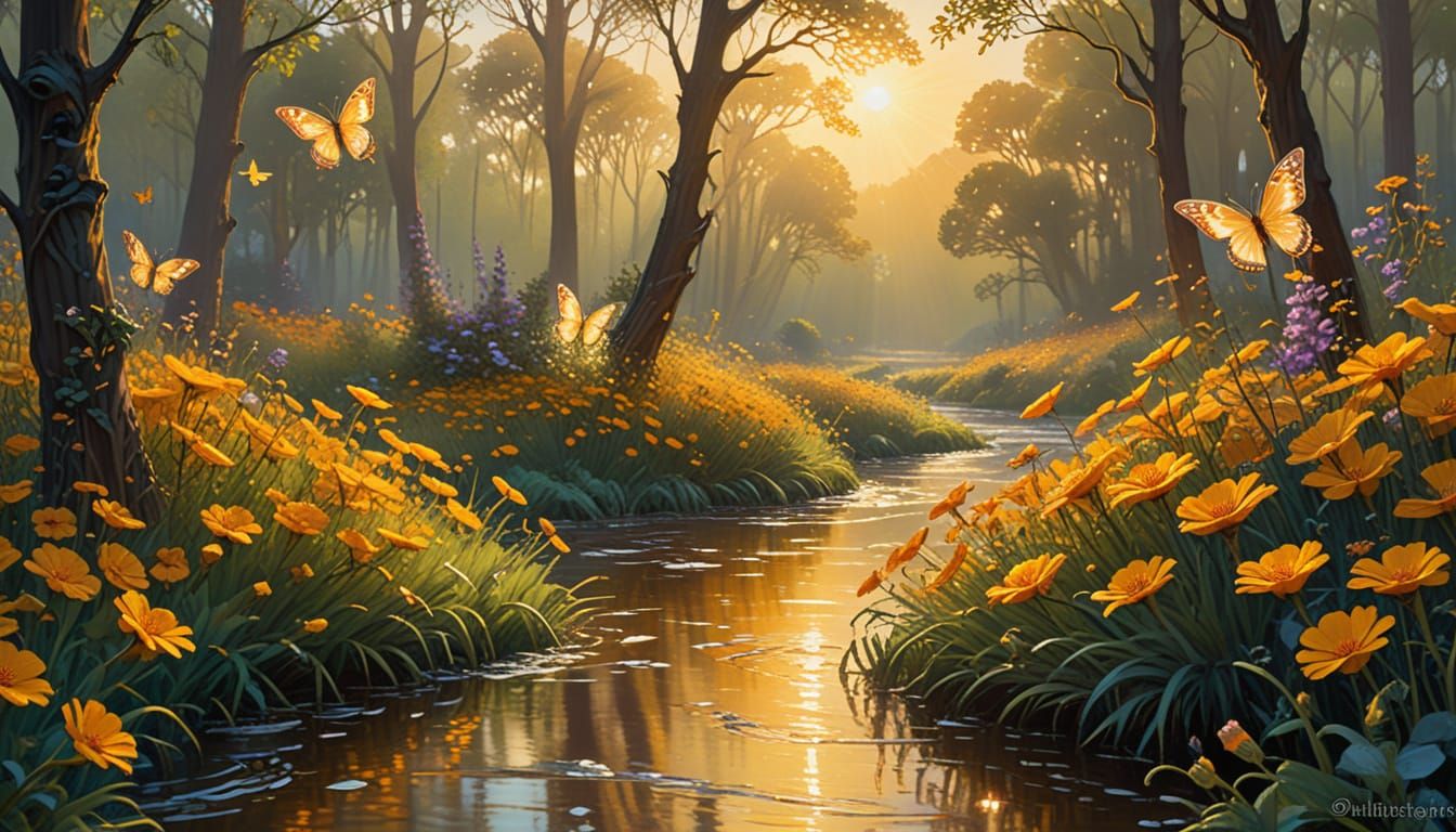 a breathtaking oil painting a swirling river of golden but.....